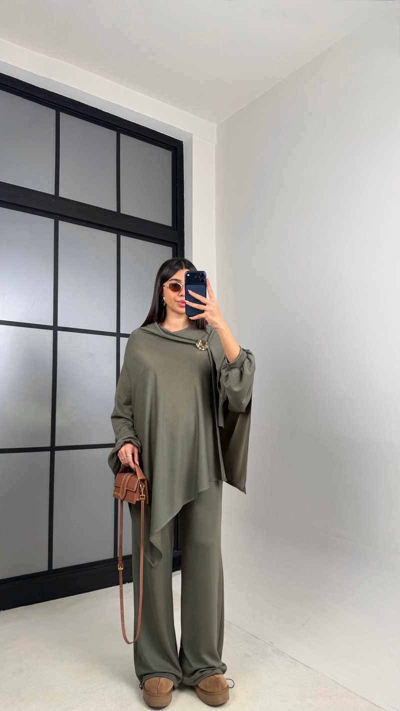 Haki Gold Tokalı Pelerin Bluz Beli Lastikli Pantolon Modal Kumaş Takım GAUS-00871