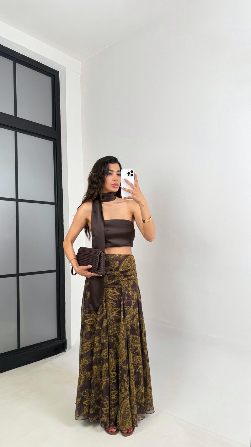 Kahve Gold Desenli Drape Detaylı Astarlı Tasarım Etek Gaus00634