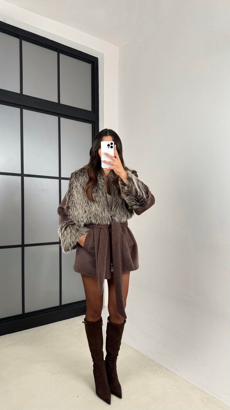 Kahve Kürk Detaylı Astarlı Kaşe Kaban GAUS-00559