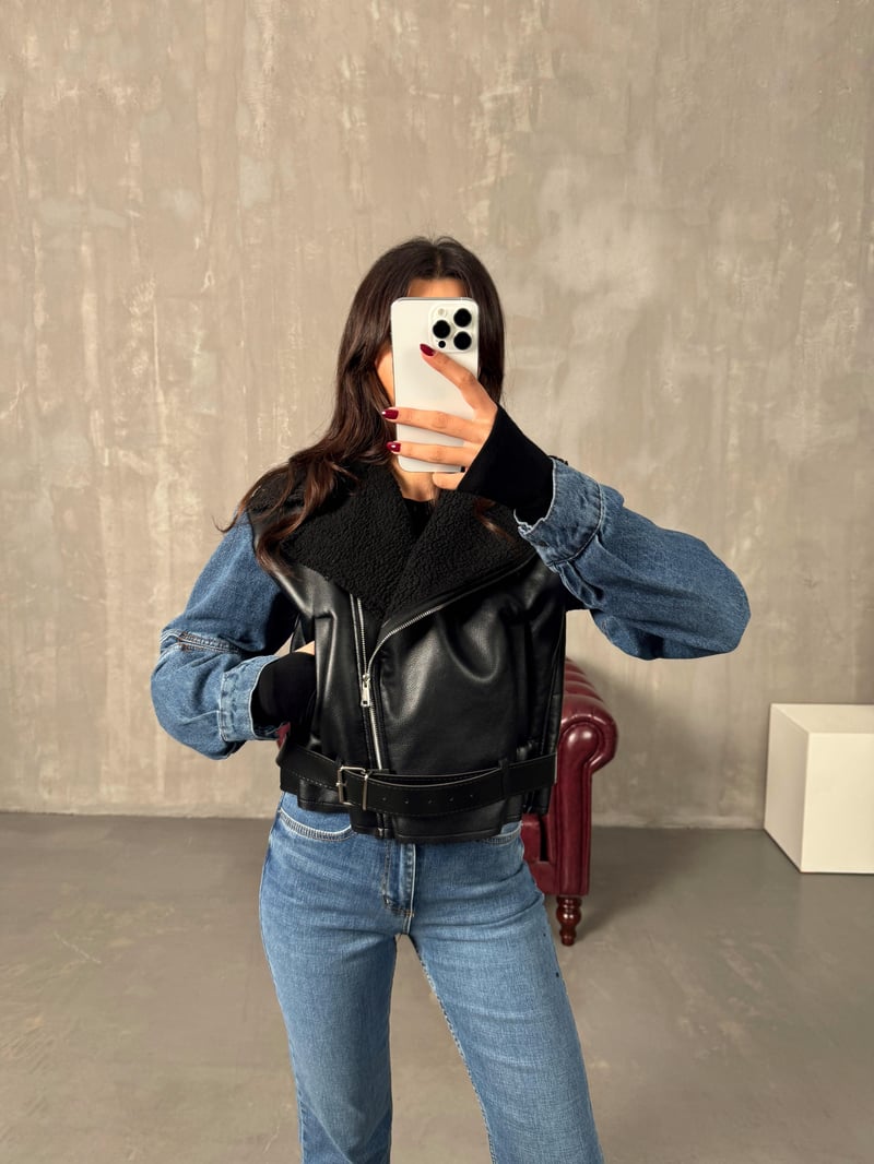 Lordy Siyah Kol Denim Detaylı İçi Kürklü Kemerli Biker Mont