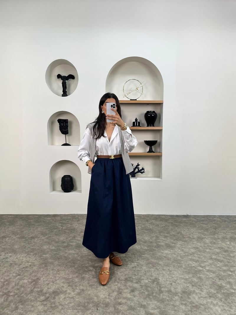 Gosa Lacivert Beli Lastikli Gabardin Kumaş Etek