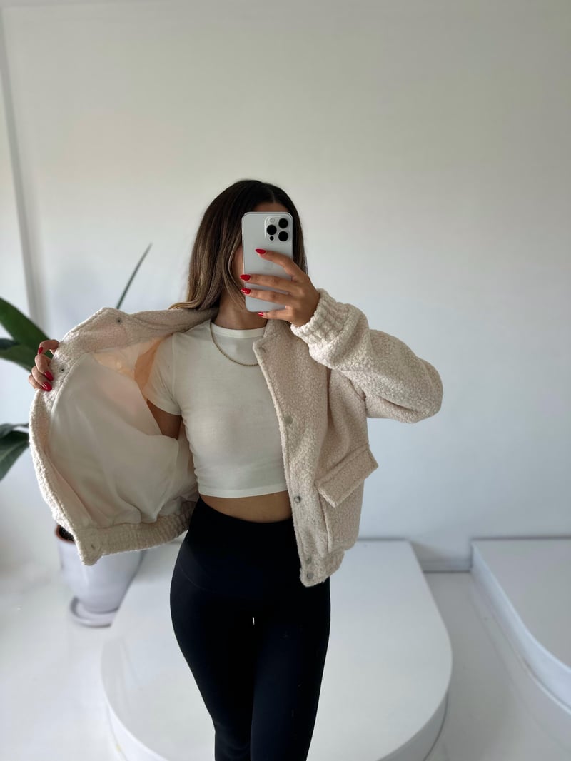 Ekru Buklet Teddy Bomber Ceket