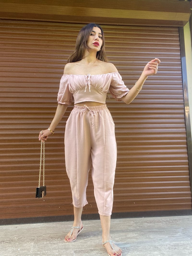 Elvira Pudra Pantolon Crop Takım