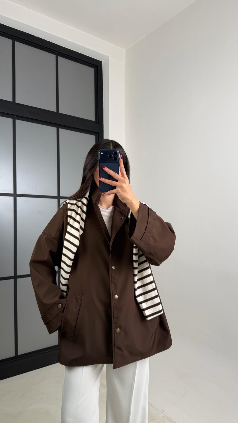 Acı Kahve Çıtçıt Düğmeli Astarlı Oversize Premium Ceket GAUS-00794
