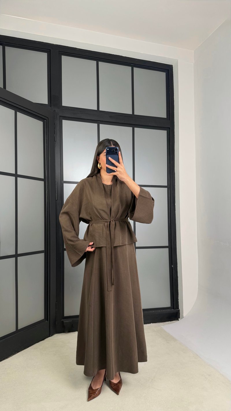 Acı Kahve Kuşaklı Ceket Elbise Premium Tencel Takım GAUS-01165