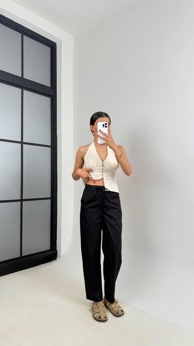 Siyah Beli Lastikli Bağlamalı Cepli Muadil Pantolon Gaus00506 