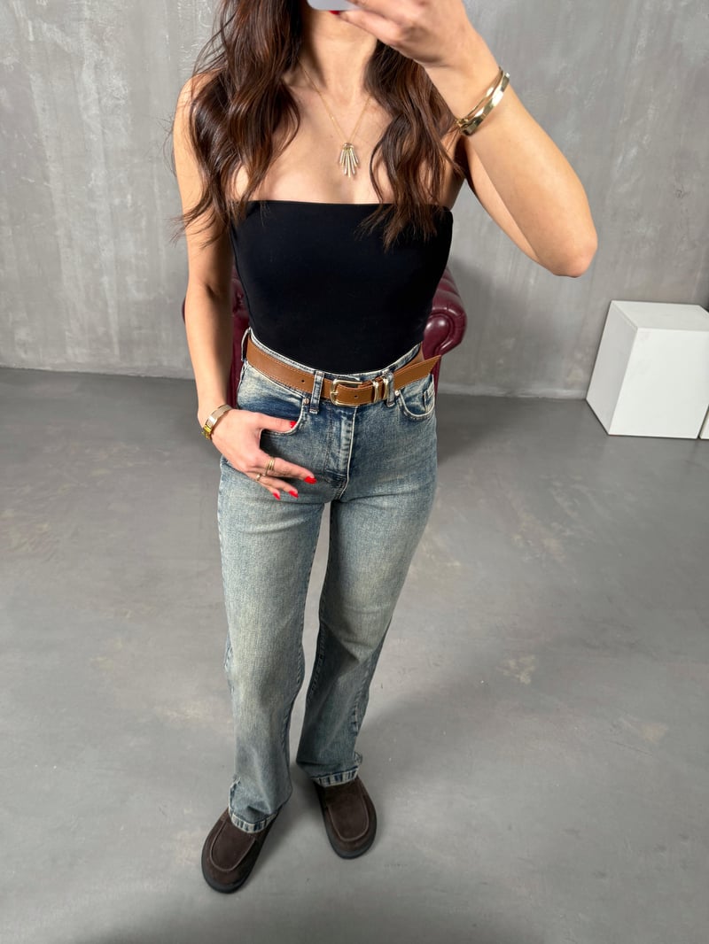 Fedi Mavi Eskitme Kahve Kemerli Yüksek Bel Wide Leg Jean