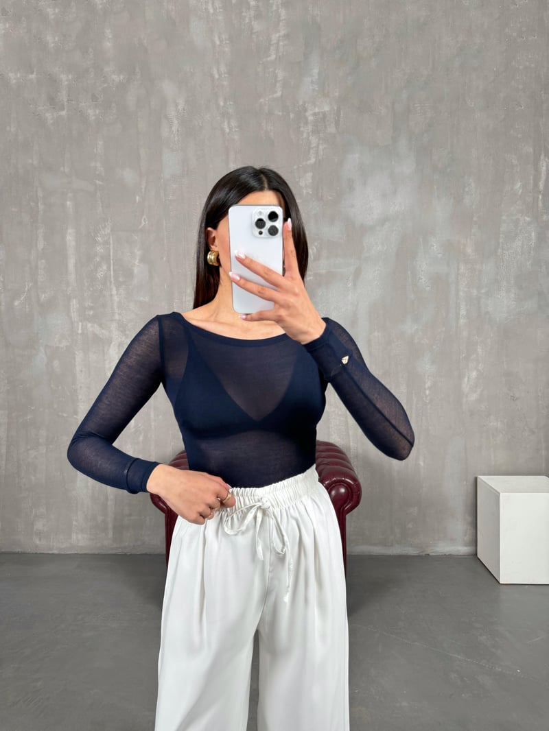 Lacivert Transparan Kaşmir Dokulu Bluz Gaus00272