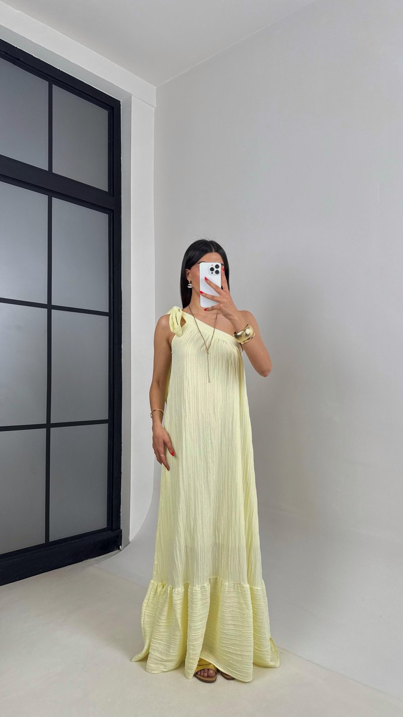 Sarı Tek Omuz Astarlı Gofre Kumaş Elbise Gaus00497 