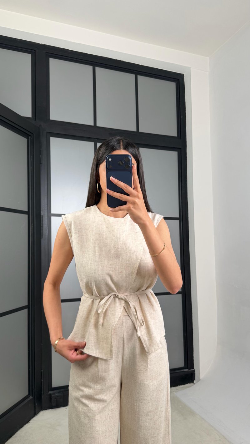 Taş Kuşaklı Bluz Beli Lastikli Pantolon İkili Keten Takım GAUS-01540