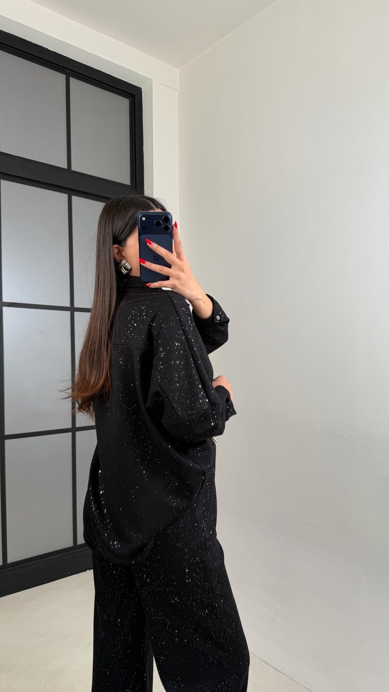 Siyah Gömlek Beli Lastikli Pantolon Premium Simli Takım GAUS-01013 GAUS-01014