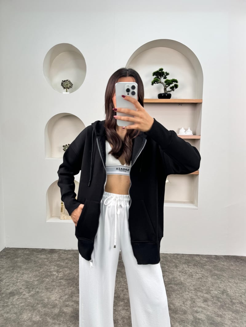 Khloe Siyah Üç İplik Şardonlu Kapüşonlu Fermuarlı Sweatshirt