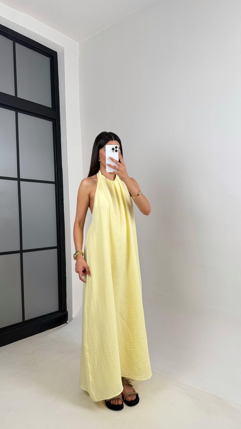 Sarı Boyundan Bağlamalı Müslin Elbise Gaus00588