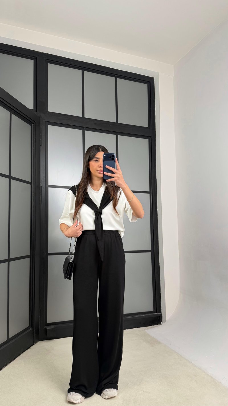 Siyah Şal Detaylı Basic Tshirt Beli Lastikli Pantolon İkili Eşofman Takımı GAUS-01284