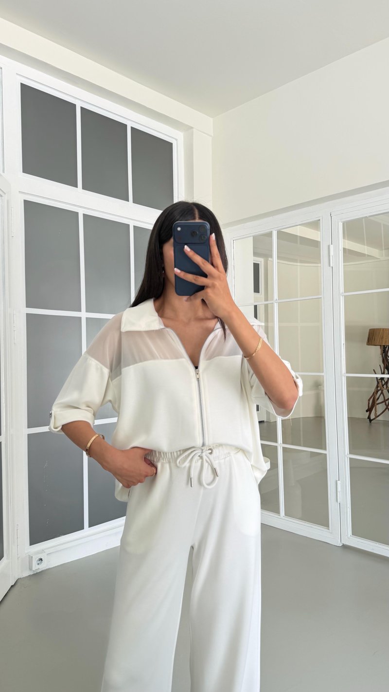 Beyaz Fileli Hırka Beli Lastikli Pantolon İkili Modal Takım GAUS-01640