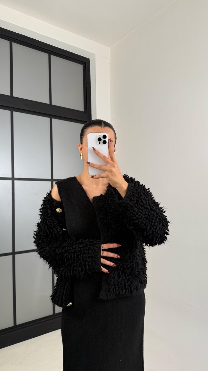 Siyah Saçaklı Hırka Elbise 2li Triko Takım GAUS-00482