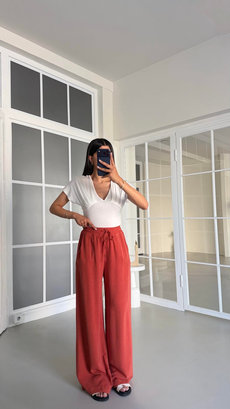 Kiremit Beli Lastikli Tencel Denim Pantolon GAUS-01474