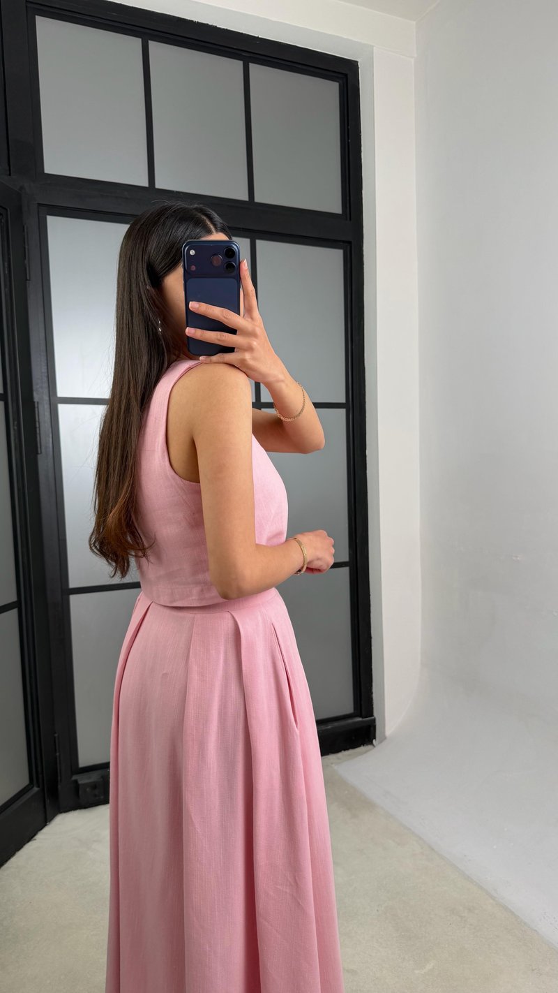 Pembe Crop Fermuarlı Etek İkili Keten Takım GAUS-01437