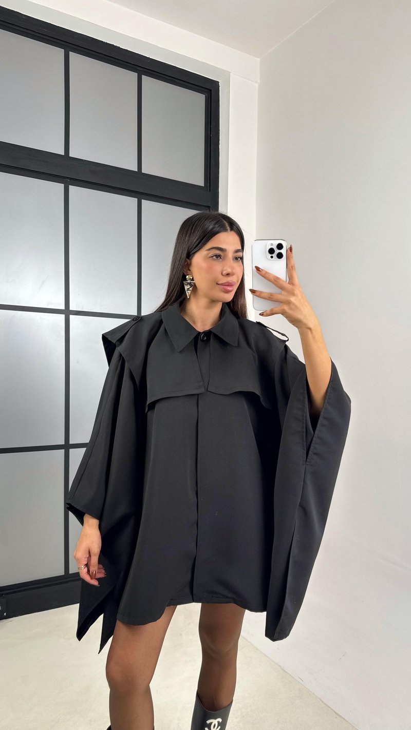 Siyah Premium Tasarım Panço Trençkot GAUS-00156