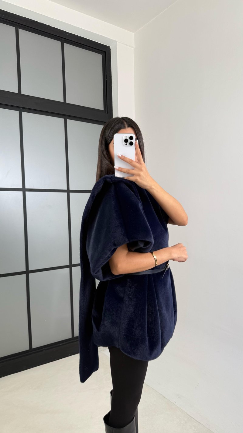 Lacivert Kemerli Tasarım Kürklü Panço GAUS-00520