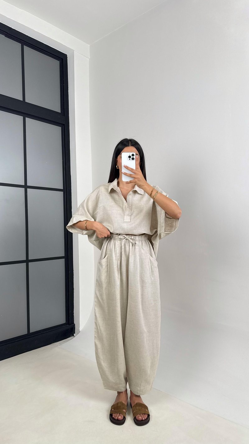 Taş Polo Yaka Yarasa Kol Bluz Şalvar Pantolon Md Muadil Premium Keten Takım Gaus00542