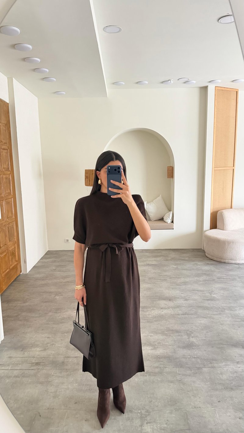Acı Kahve Kuşaklı Triko Midi Elbise GAUS-01169