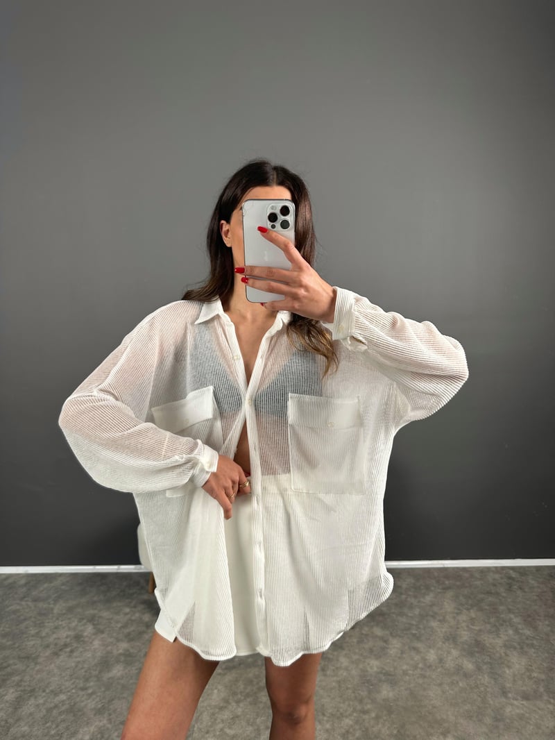 Beyaz Transparan Oversize Cepli Gömlek 