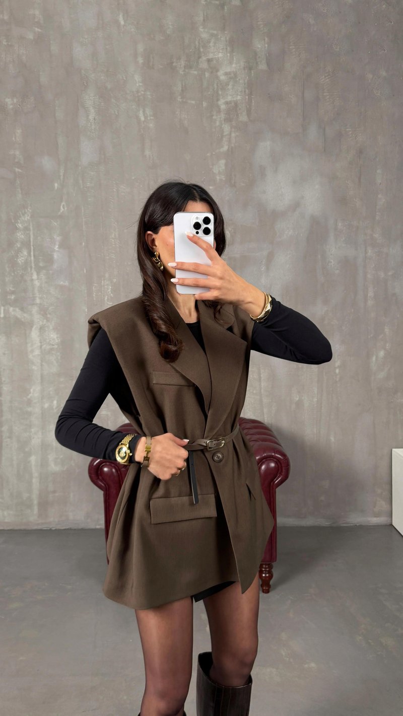 Acı Kahve Astarlı Vatkalı Kemerli Premium Yelek GAUS-01139