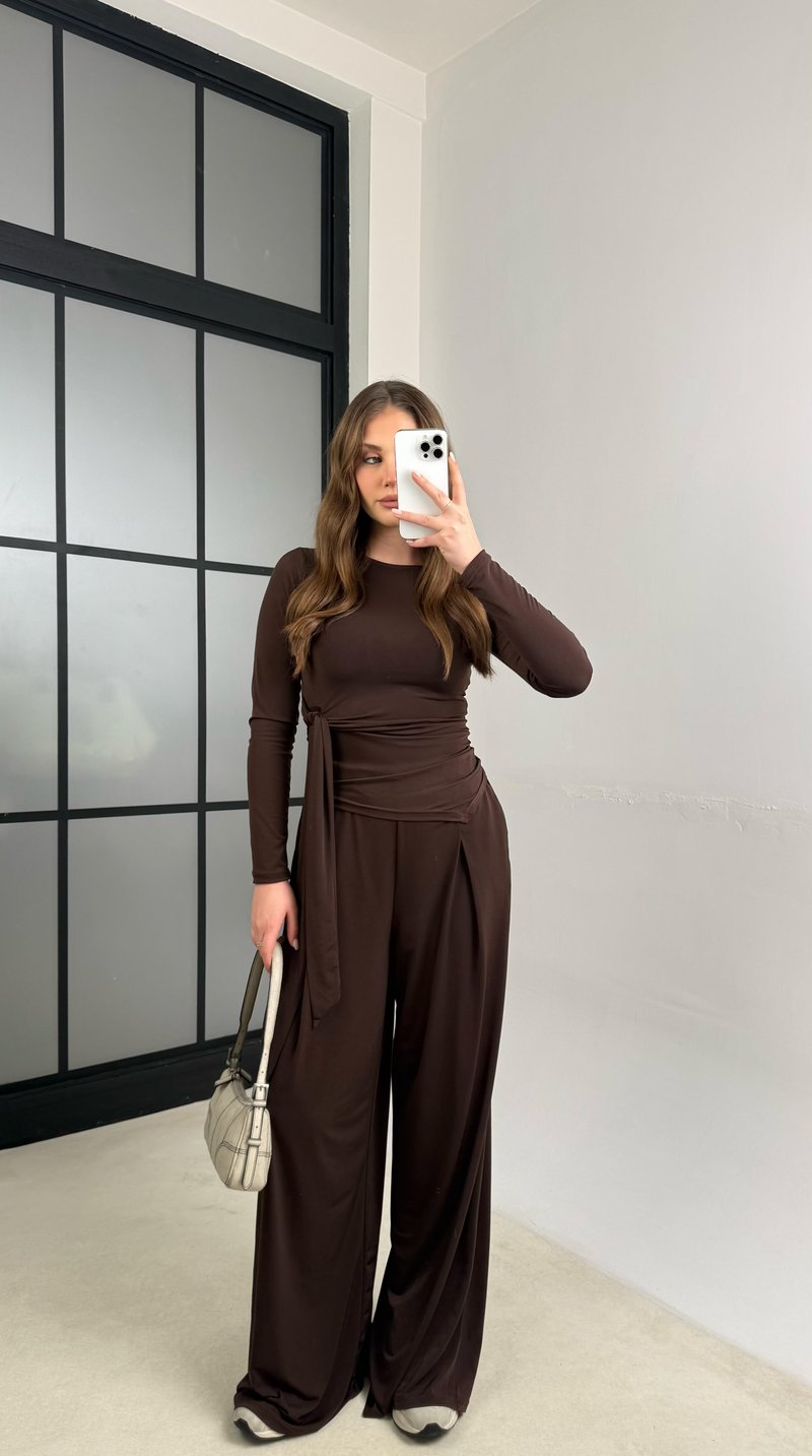 Kahve Bağlama Detaylı  Bluz Beli Lastikli Pantolon Sandy Takım GAUS-01145