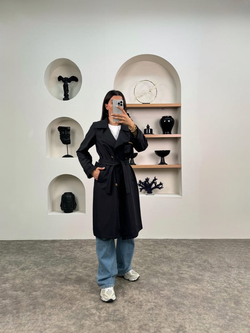 Hana Siyah Premium Kemerli Trençkot