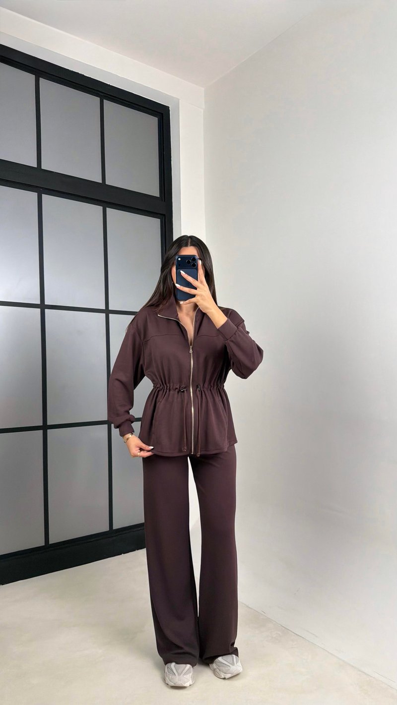 Kahve Beli Büzgülü Hırka Pantolon İkili Modal Takım GAUS-00571