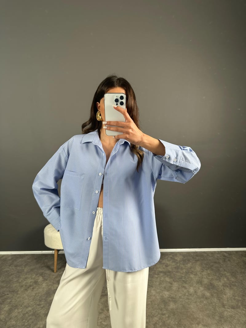 Sonho Mavi İnce Çizgili Oversize Gömlek 