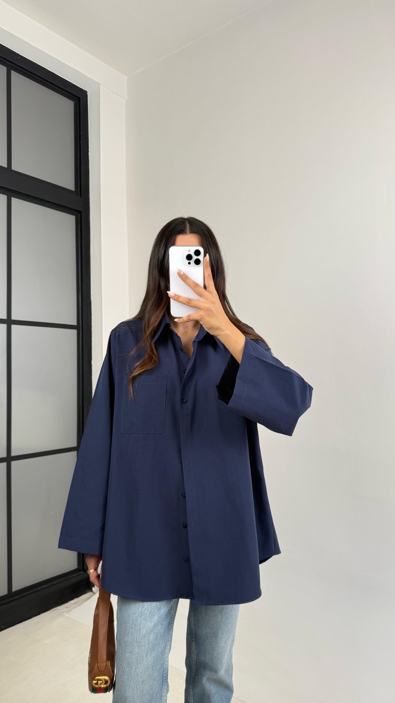 Lacivert Oversize Cep Detaylı Poplin Gömlek GAUS-0072