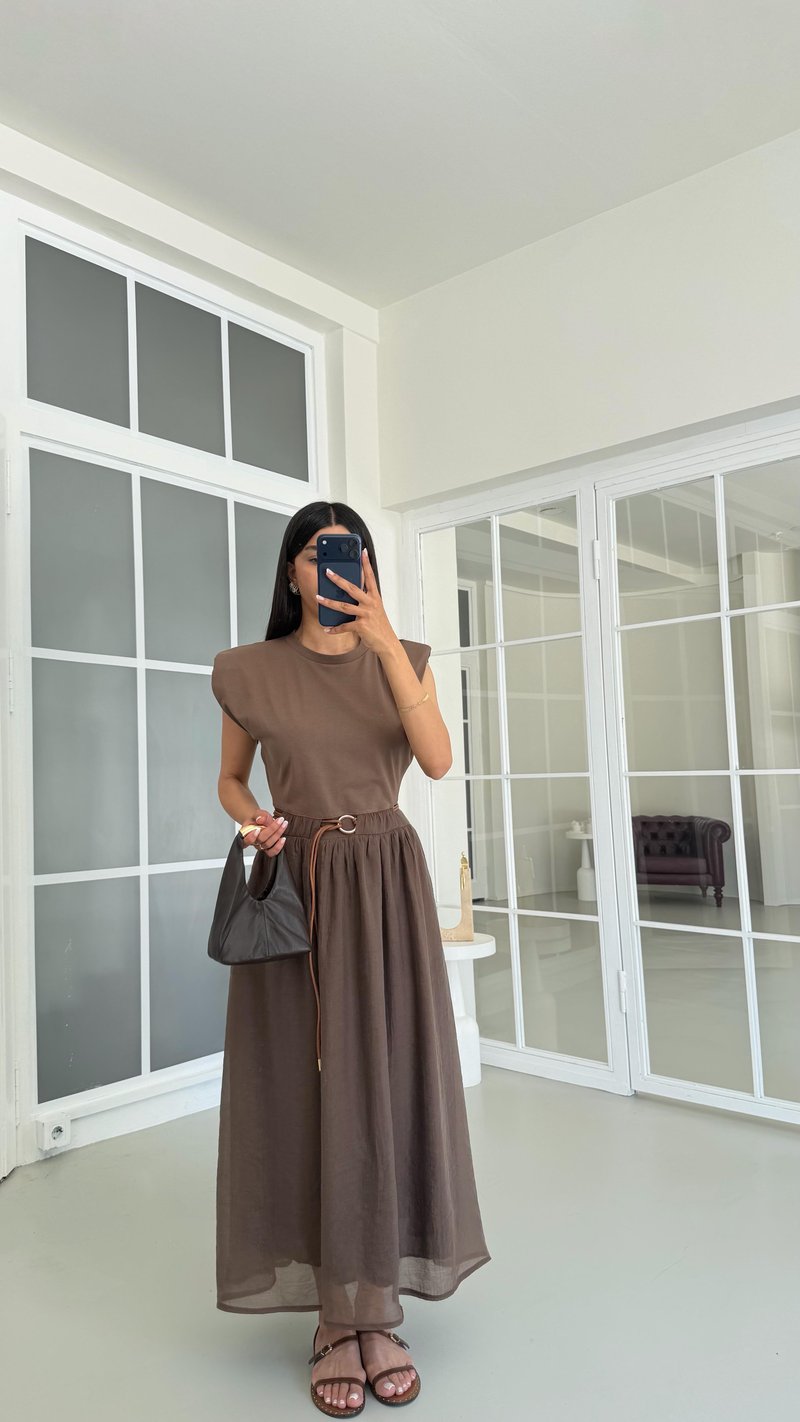 Kahve TWST Model Kemerli Elbise GAUS-01697