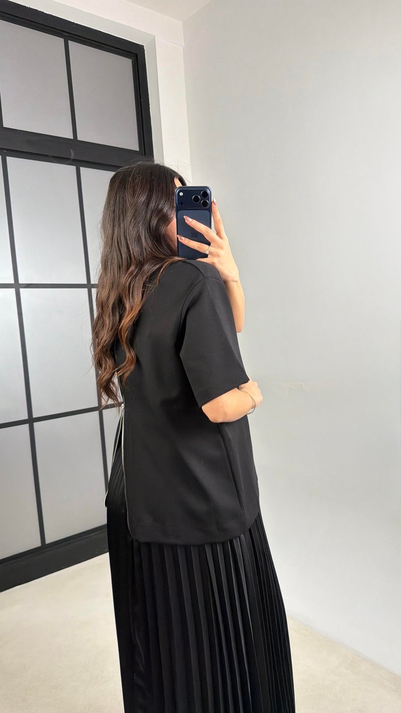 Siyah Ayarlanabilir Askılı Elbise Fermuarlı Tshirt Takıım GAUS-001156 GAUS-01157