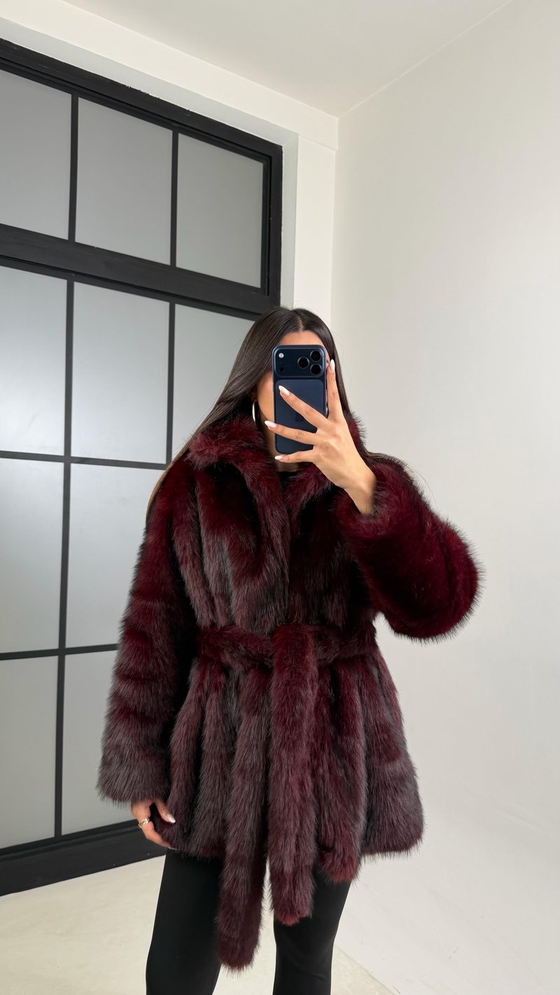 Bordo Astarlı Kuşaklı Premium Kürk GAUS-00649