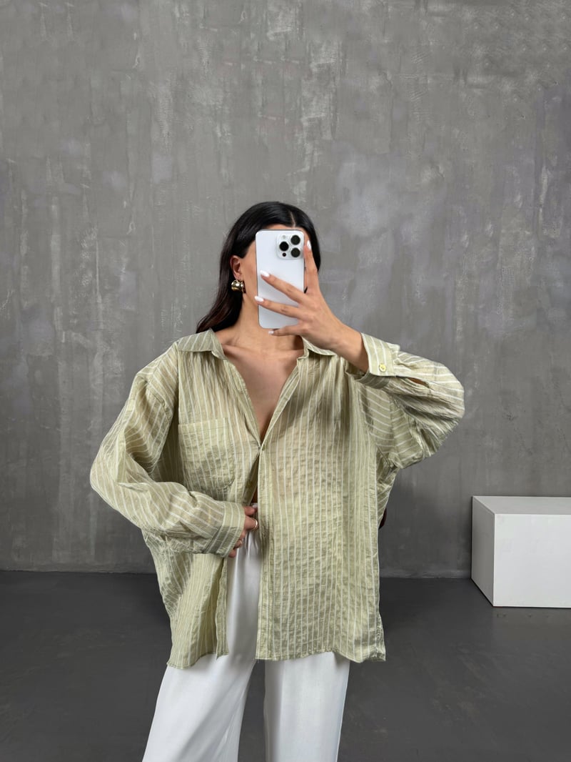 Yeşil Çizgili Oversize Gömlek Gaus0004