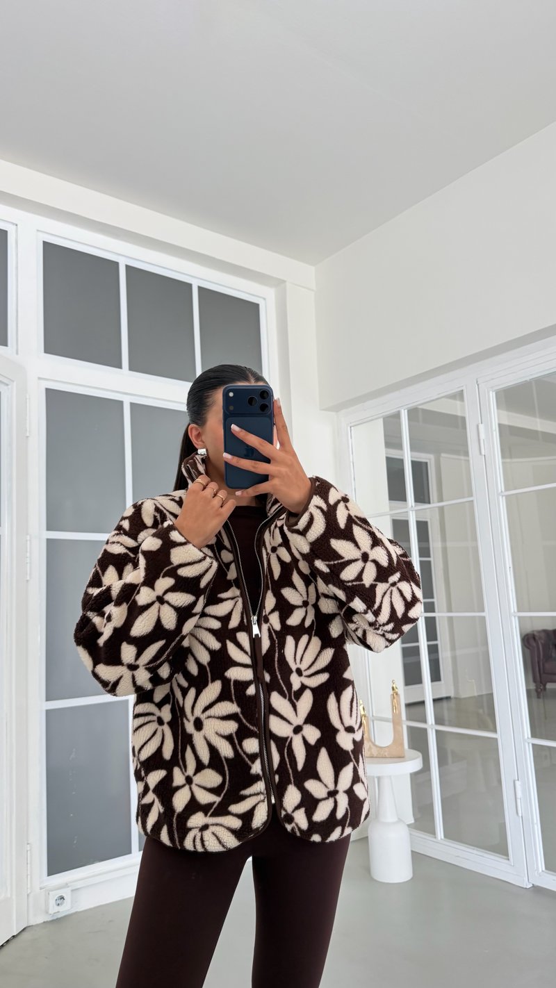 Kahve Çiçek Desenli Fermuarlı Polar Sweatshirt GAUS-01915