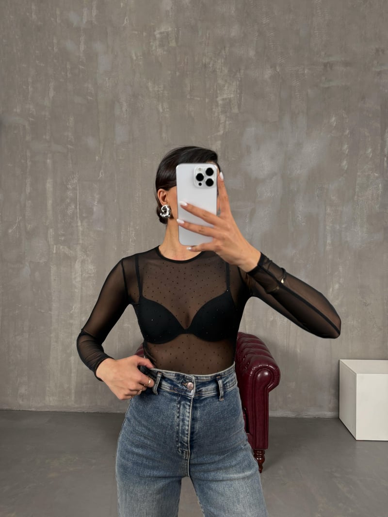 Siyah Taşlı Transparan Bodysuit Bluz Gaus00044