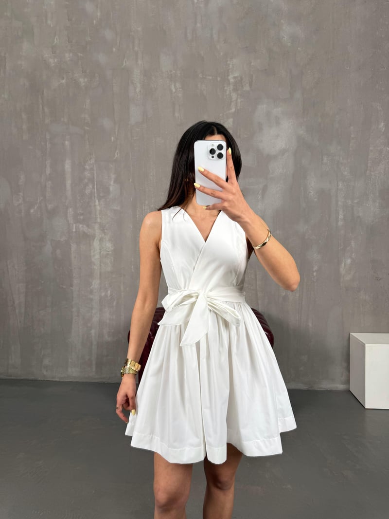 White V-Neck Belted Dress Gaus00137