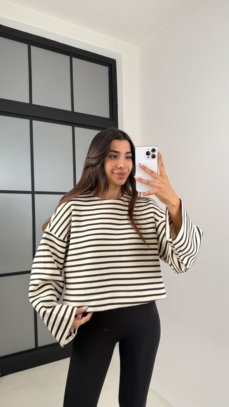 Kahve Çizgili Şardonlu Crop Kazak GAUS-00132