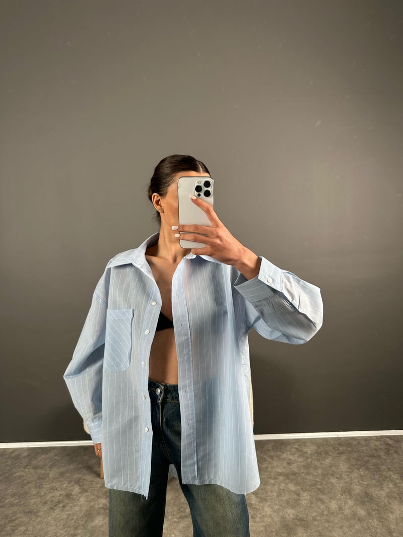 Purcey Premium Mavi Çizgili Oversize Gömlek 