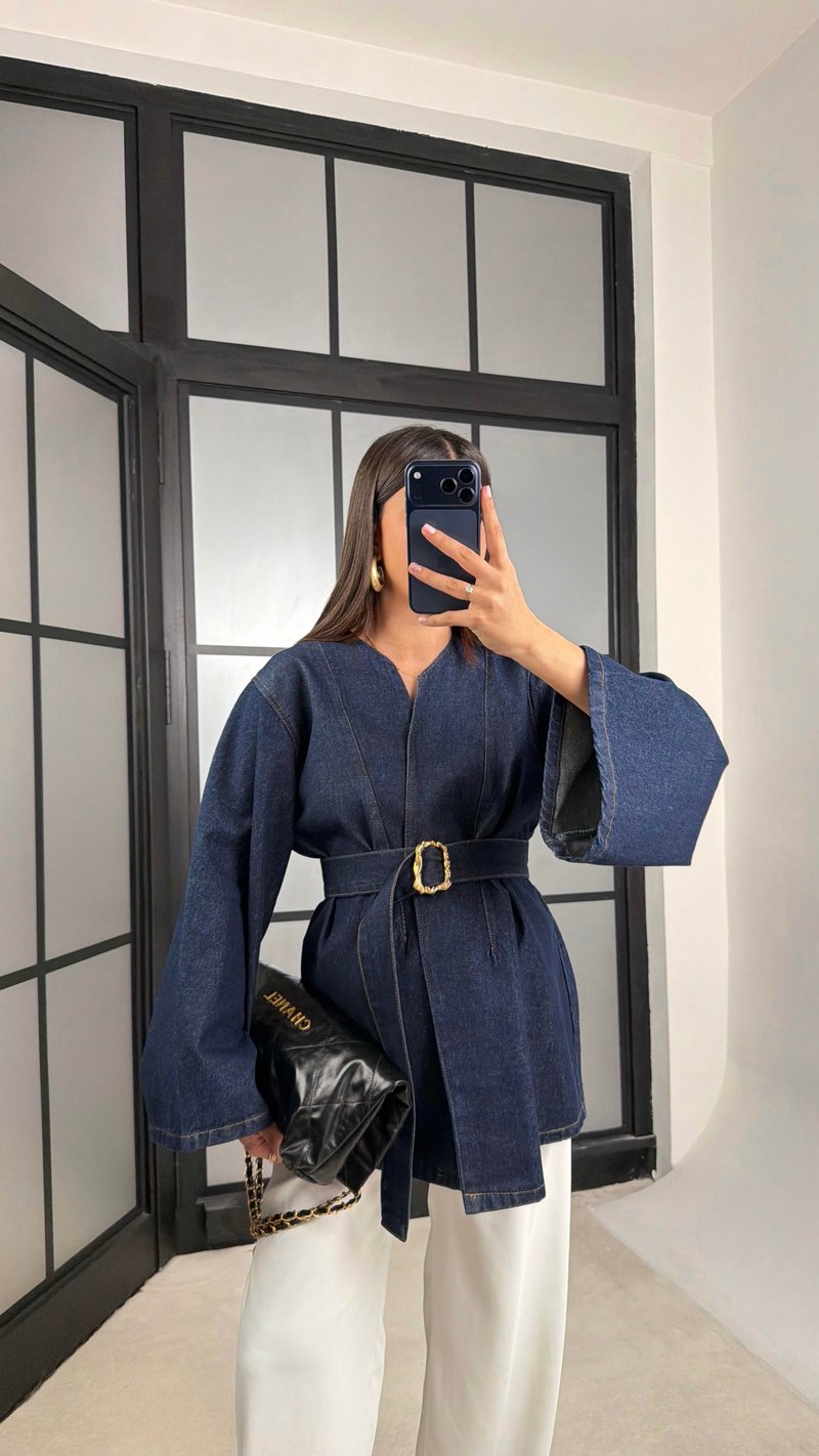 Lacivert Kemerli Denim Ceket GAUS-01198