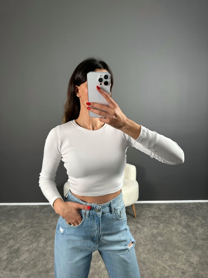 Beyaz ZR Model Basic Uzun Kollu Crop 