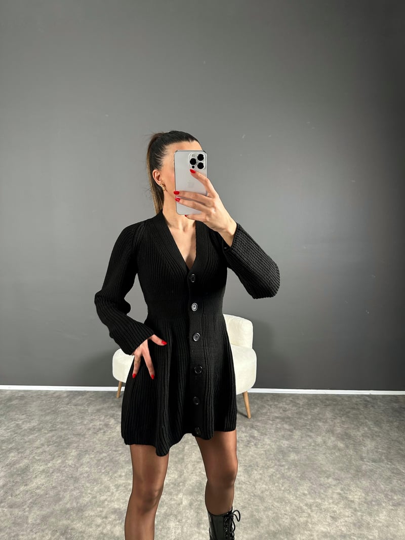 Lole Siyah Düğmeli Triko Mini Elbise 