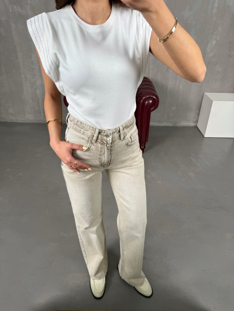 Bej Yıkamalı Wide Leg Kesik Paça Jean Gaus00110
