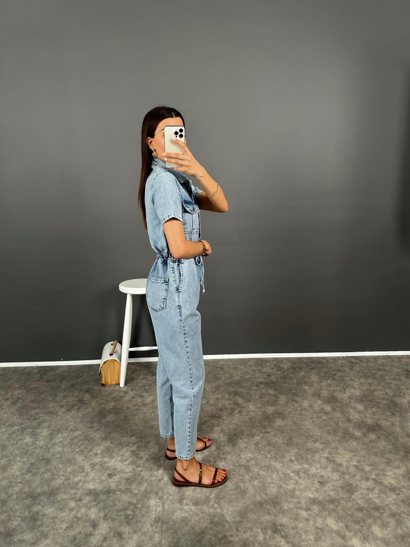 Valens Premium Denim Düğmeli Beli Lastikli Tulum 