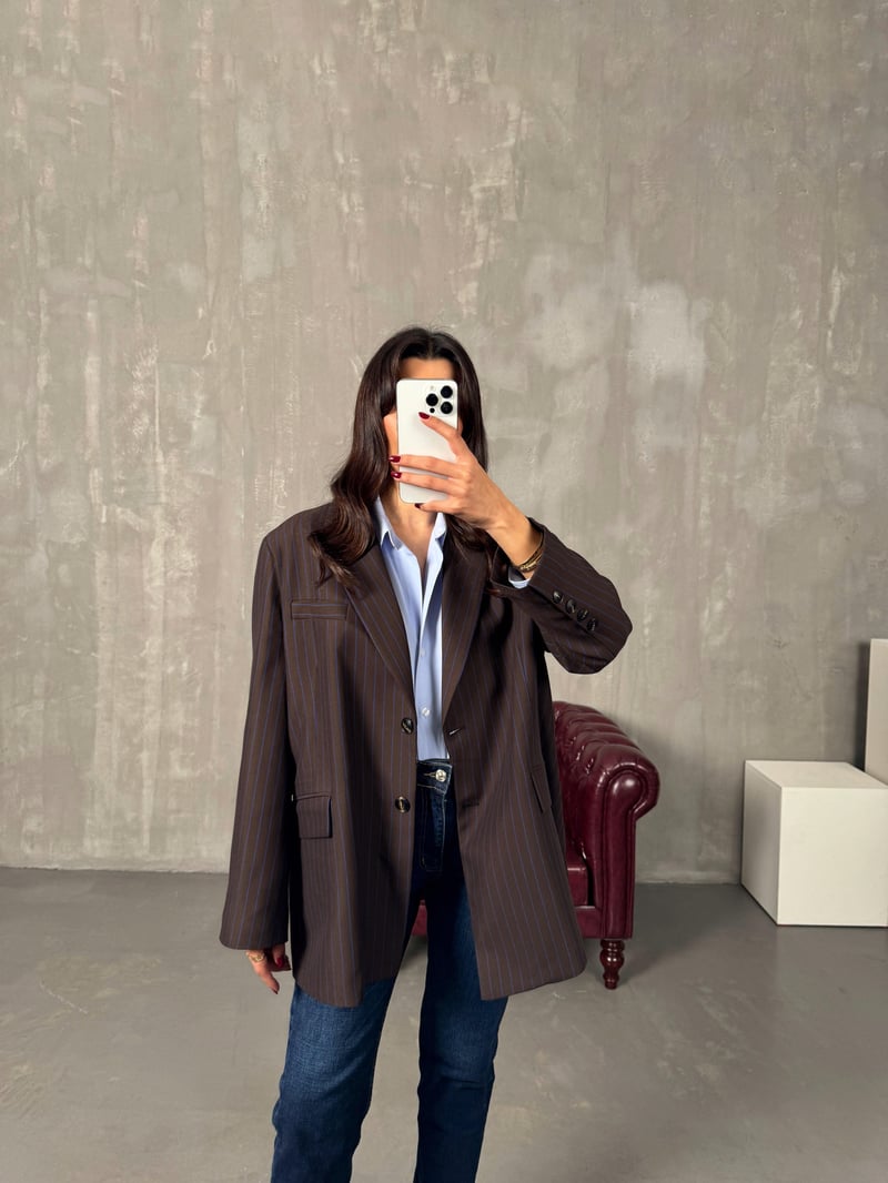Anna Kahve Çizgili Astarlı Blazer Ceket