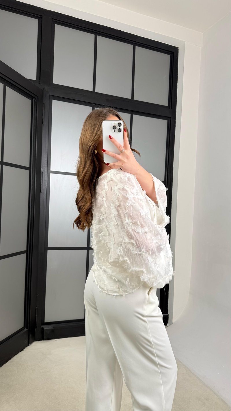 Ekru Püsküllü Bağlama Detaylı Kimono GAUS-01277