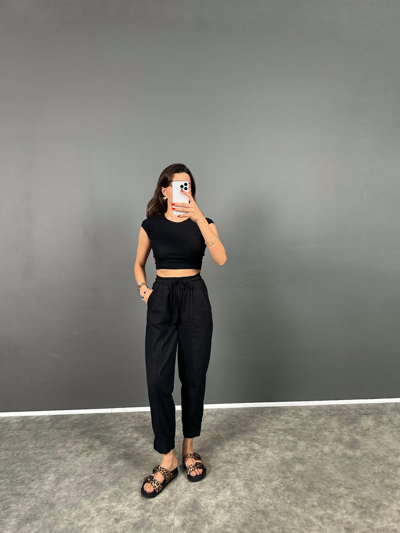 Rian Siyah Beli Lastikli Cepli Gabardin Pantolon